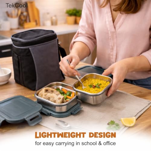Image of TEKCOOL Stainless Steel Lunch Box with Bag | Set of 3 (400 ml Each), Square | Tiffin Box for Office, School & College