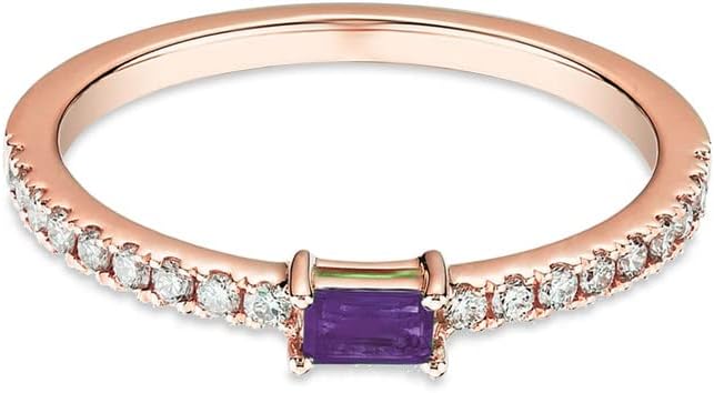 Baguette Cut Purple Amethyst Engagement Ring, 14k Gold Finish Stackable Bridal Ring, Purple Amethyst Baguette & Round Diamond Ring For Women's, Dainty Ring