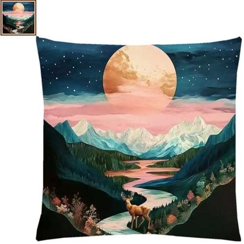 Image of Stamped Cross Stitch Kits for Adults Beginners Pillow Needlepoint Kit with Embroidery Pattern Needlework Kit Prestamped Stitches Kit 11CT Cross Stitching-Mountains, moonlight18x18inch