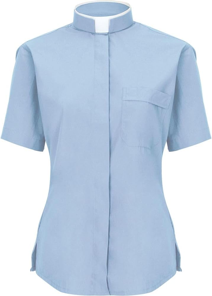 Womens Short Sleeves Tonsure Collar Clergy Shirt (Light Blue)