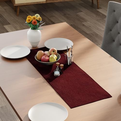 Image of Encasa XO Dining Table Runner for 4 to 6 Seater | 28x91 cm | Maroon | Chenille Fabric | Machine Washable