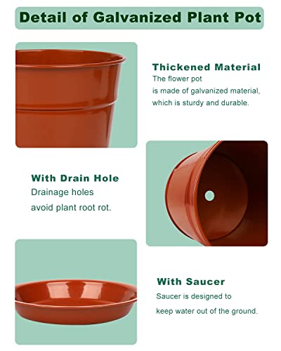 Vensovo 7 Inch Red Brass Metal Plant Pots With Saucer - 4 Pack Large Metal Galvanized Flower Pot With Drainage Hole, Planter Pots With Tray Perfect For Planting And Wedding Party Decor #TOP2