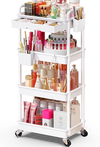 Image of SUNALLY Makeup Cart Organizer with Drawer,4 Tier Rolling Makeup Cart, White