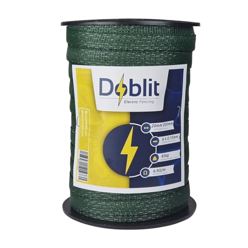 Doblit Poly Tape 20mm Electric Fence Ribbon Electrifible Conductor Low Electrical Resistance 6x0.15mm Stainless Steel Strands Horse Tape Paddock (200m Green)
