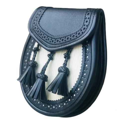 Scottish Black Leather & White Fur Kilt Sporran Traditional Highland Leather Sporran