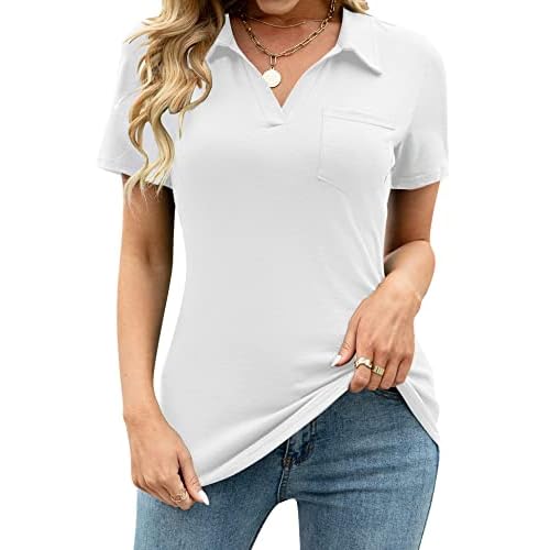 AKEWEI Womens V Neck Polo Shirts Short Sleeve Collared Tops Loose Casual Tunic Blouses with Pocket
