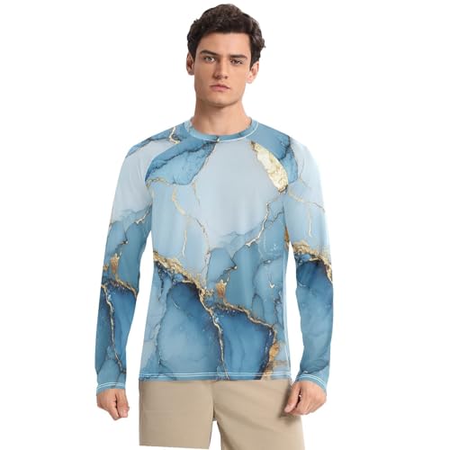 Marble Blue White Men's UPF 50+ Slim fit Round Neck UV Protection Long Sleeve Hiking