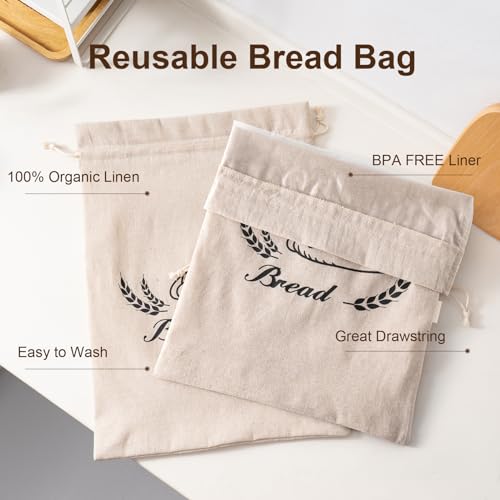 Image of 2 Pack Linen Bread Bags for Homemade Bread - Plastic Lined - Reusable Linen Sourdough Bread Storage Bags with Plastic Liner - 17 inch x 13 inch
