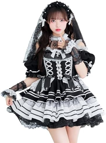 [Malymoon] コスプレ 沖縄コレクション 藤咲凪 シスター マリア ヴェール 黒 ワンピース ドレス モノトーン リボン レース 衣装 仮装 マリームーン 6点セット CS25034 詳細画像1