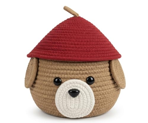 Image of AuraNest Jute Storage Basket with Lid | Cotton Rope Multipurpose Organizer Box for Bathroom, Kitchen & Living Room | Vanity, First Aid & Utility Storage Basket (Red & Beige, Pack of 1)