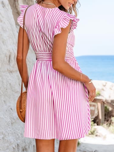 Image of CUPSHE Women's Mini Dress V Neck Flutter Sleeve Striped Smocked Waist A Line Short Summer Cocktail Dress