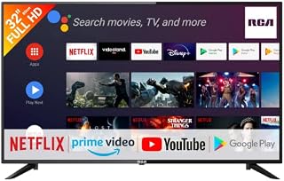 RCA RS32F3-UK 32 inch Smart TV, Android TV, Full HD 1920x1080p, Google Assistant, Chromecast, Netflix, Prime Video, YouTube, Disney+, Google Play Store, BT remote control with microphone, Freeview