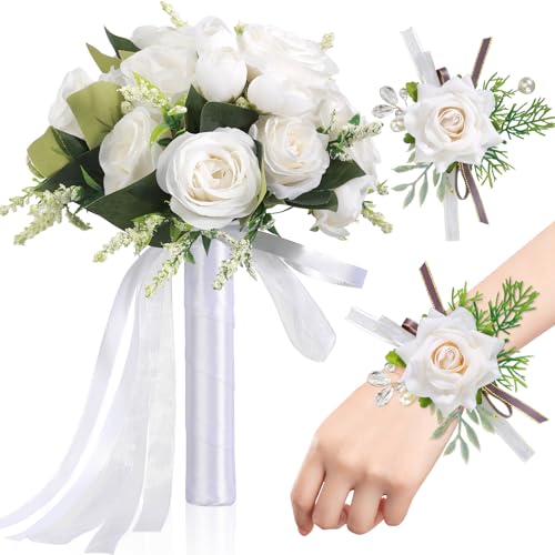 BINSUNS Wedding Bouquets for Bride Bridesmaid, 7.5''W Bridal Bouquets with Ivory Corsage and Boutonniere Set for White Wedding Flower Accessories Church Decoration Prom Suits(7.5IN)