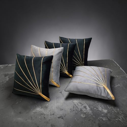 Image of Home Velvet Cushion Cover with Golden Stripes, Aqua Pack of 5, 16x16 to 26x26 Inch (Black /Silver, 16x16in)