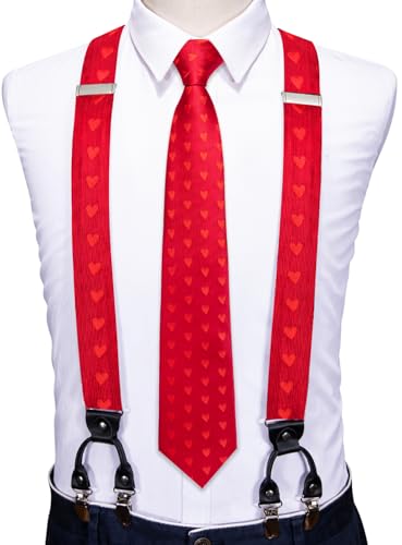 Image of Barry.Wang Men Suspender Set with Necktie Elastic Y Type Heavy Duty 6 Clips Braces Tie Handkerchief Cufflink Pin 6PCS