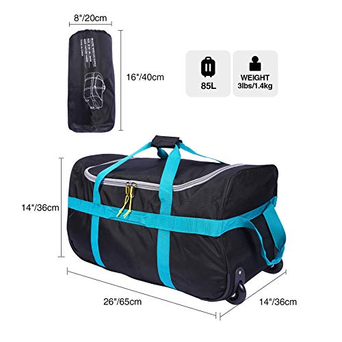 CAMPMOON Folding Wheeled Rolling Duffle Bag for Camping Travel, Lightweight Large Duffel Bag with Wheels and Pull Handle , Blue, 26 Inch