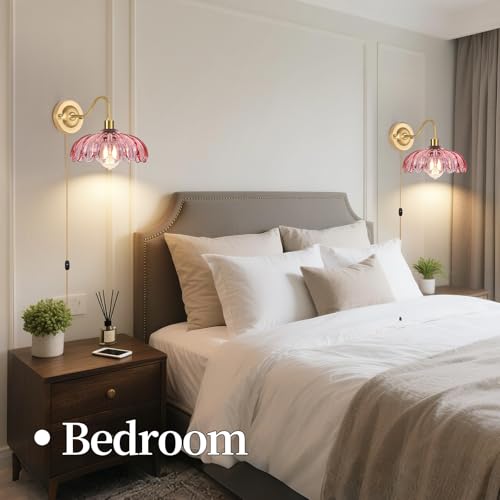 Image of ZECOXOL Vintage Plug in Wall Sconces Set of Two, Glass Wall Sconces Lamps with Flower Lampshade & Dimmable Plug in Cord, Dimmable Sconces Wall Decor Set of 2 Plug in Wall Lights Sconces for Bedroom