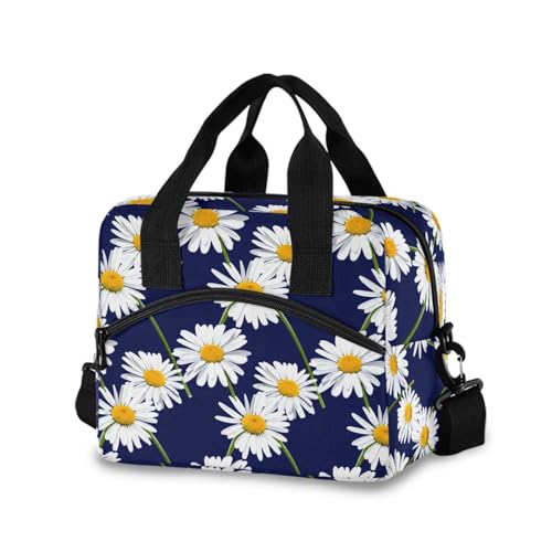 Sinestour Insulated Lunch Bag Reusable Cooler Flower Dark Blue Lunch Box Adjustable Shoulder Strap for Adults School Office