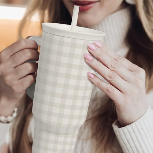 Image of SANDJEST Grey Gingham 40oz Slider Tumbler with Handle and Straw - Insulated Stainless Steel Travel Coffee Mug for Women Girls, Gift for Birthday, Christmas
