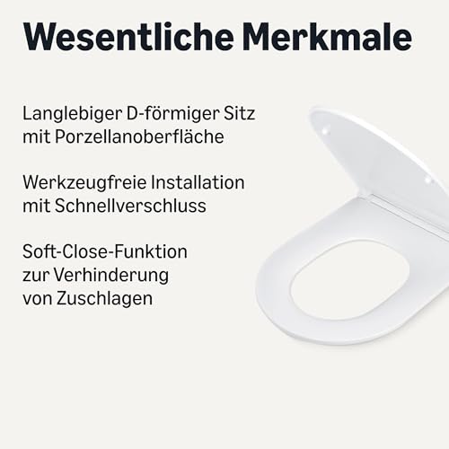 Amazon Basics Toilettensitz D-Form, Soft-Close-Funktion, Schnellverschluss-Scharniere, Universalgröße, Antistatische Urea- und Porzellanbeschichtung, Weiß