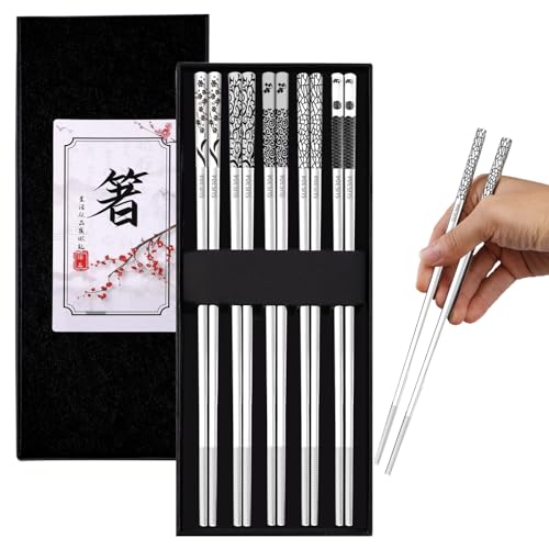 5 Paar Essstäbchen Edelstahl Spülmaschinenfest Stäbchen zum Essen Anti-Rutsch Sushi Stäbchen Metall Chinesische Chopsticks Geschenkset für Zuhause Restaurant Camping