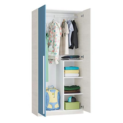 Habitdesign 0A7437Y - Armario Juvenil 2 Puertas, Color Blanco Alpes y Azul, Medidas: 200 cm (Alto) x 90 cm (Ancho) x 52 cm (Fondo)