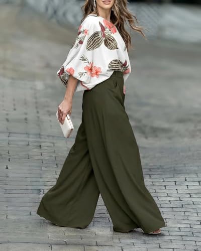 Image of CHICME Women Summer 2 Piece Outfits Off Shoulder Top Flowy Wide Leg Pants Set Vacation Travel Airport Outfits
