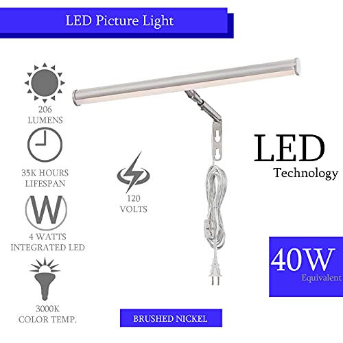 Ciata Picture Light, Picture Frame Light, 14-Inch, Integrated Led, 3000K, 4 Watt (40W Eqv) Metal Wall Mount Artwork Display Light, With In-Line On/Off Switch In Brushed Nickel Finish #TOP4