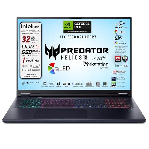 Predator Helios 18 Ai Portatile Gaming, Intel Ultra 9-275X, RAM 32Gb DDR5 SSD 1TB, Display 18" WQXGA 250Hz MINILED, GeForce RTX 5070 8Gb GDDR7, WI-FI6e, Win 11Pro, Ready to use - Notebook - Immagine 7