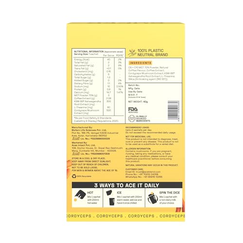 Ace Blend Cordyceps Shroom Coffee (5 Serves) | 500mg Cordyceps Mushroom Extract | KSM 66 Ashwagandha | L-Theanine & MCT Powder | Immunity | Boosts Energy | Instant Coffee | Medium Roast Blend