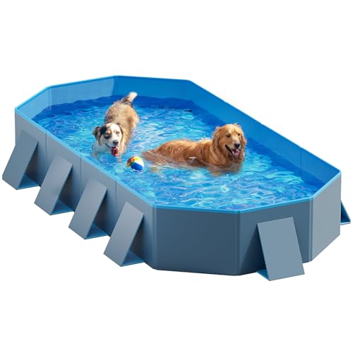 Image of Peteast Dog Pool for Large Dogs, Foldable Hard Plastic, 82 x 46 x 12 in | Extra Large Collapsible Pet Bath Tub with Non-Slip Base for Indoor, Outdoor and Backyard Use, Blue&Dark Gray