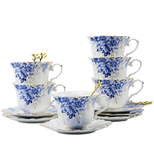 TATSUMI Country Roses Teetassen und Untertassen-Set aus Knochenporzellan, 6-teiliges Set aus 6 Teetassen für Frauen und Teepartys (Rosenblau, 6 Sets)