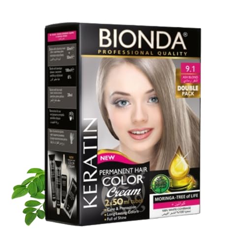Tinte permanente BIONDA Professional Color Cream 9.1 rubio ceniza 200 ml, pack doble, queratina y moringa, color intenso y duradero con brillo, cobertura 100% de canas