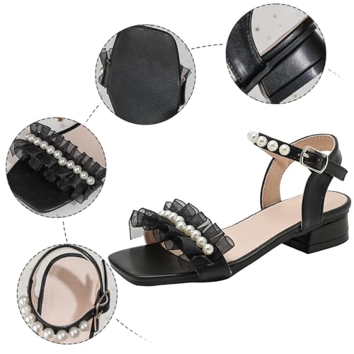 IWIHMIV Girls Sandals Summer Sandals for Flower Girls Low Heels Square Toe Ankle Strap Wedding Party Dress Shoes2