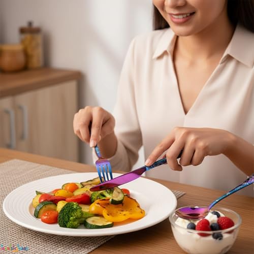 Image of Floral Rainbow 5 Pcs Stainless Steel Cutlery Set for Dining Table, Dishwasher Safe Glossy Flatware (1 Spoon Set+1 Forks Set+1 Butter Knife+1 Dessert Spoon+ 1 FruitFork)