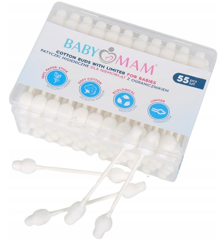 BABYMAM Soft Cotton Buds with Limiter for Babies 100% Paper Stick 55Pcs/Pack