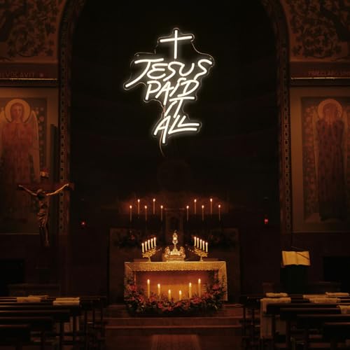 Image of Jesus Paid It All Neon Sign Warm White Cross Neon Light for Wall Decor Dimmable Jesus Cross LED Light Up Sign for Christian Church Christmas Home Wedding Decor Birthday Gifts(16.7*12.8 In)