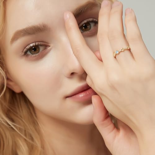 SHINYSO 14K Gold Plated Wedding Band for Women Created Blue Topaz Thin Stacking Ring CZ Eternity Engagement Ring Size 4-104