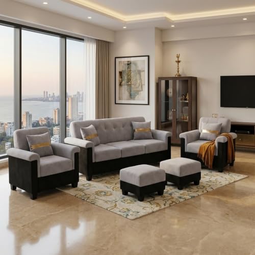Image of FURNY Woodswave 5 Seater 3+1+1+2 Puffy Sofa Set for Living Room in Premium Velvet Finish (Light Grey-Black) | Durable & Comfortable | Ideal for Living Room