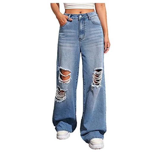 SweatyRocks Women's Casual Loose Ripped Denim Pants Distressed Wide Leg Jeans Blue Medium