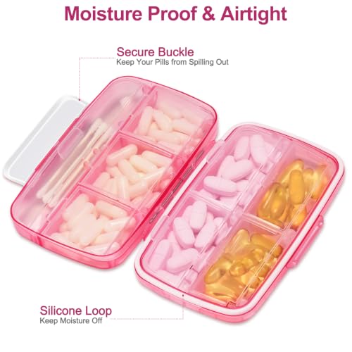 Image of Fullicon Medicine Pill Organizer with Labels, 8 Large Compartments, Travel Pill Organizer for Purse, Double Lids, Easy Open BPA-Free Case, Fish Oil, Vitamins, Capsules, Daily, Work Bag (Pink White)