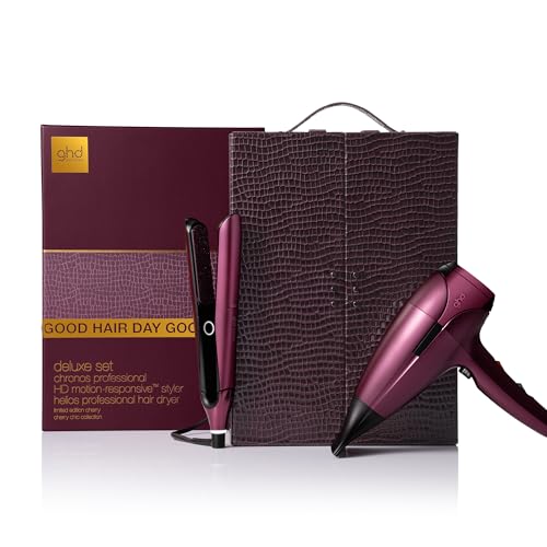 ghd - Coffret Deluxe, Lisseur Chronos & Sèche-Cheveux Helios (Bordeaux) avec vanity inclus. Meilleur Lisseur ghd, Coiffage 3x plus rapide, sans dommage....