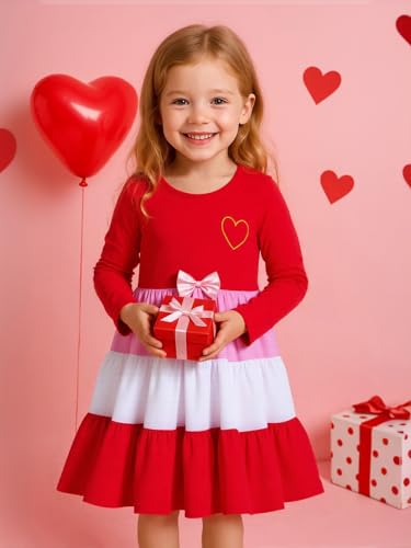 Image of Girl Long Sleeve Dress Ruffle Rainbow Color Block Cotton Casual Tiered Pleated Twirly Dress