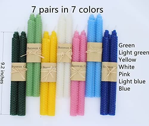 Image of Set of 14 Colorful Beeswax Taper Candles, 9 Inch Tapered Candles Ideal as Dinner Candles - Smokeless and Unscented Taper Candles LoWedding,Dinner, Home Decor