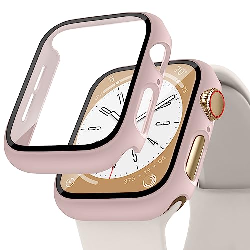 Screen Protector Compatible for Apple Watch Case 45mm 44mm 42mm 41mm 40mm 38mm, Hard PC Case with HD Tempered Glass Protective Cover for iWatch Series 9 8 7 6 SE 5 4 3 2 1, Pink Sand45mm