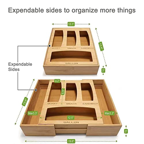 Bamboo Kitchen Bag Storage Organizer - Expandable Kitchen Drawer Organizer For Food Storage Bag, Compatible Ziploc, Hefty, Glad, Solimo, Suitable For Gallon, Quart, Sandwich & Snack Variety Size Bags #TOP6