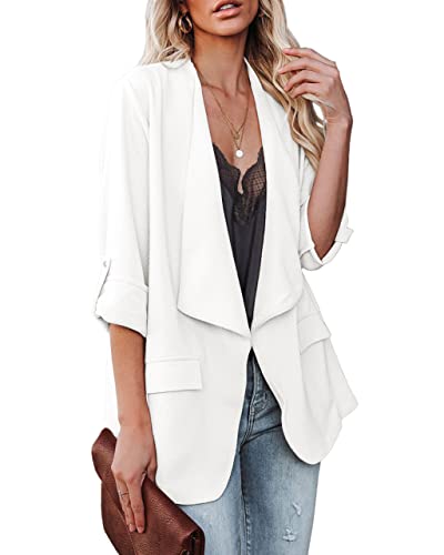 Womens Casual Blazer Jackets Roll Up Long Sleeve Open Front Work Office Business Blazers with Pockets White