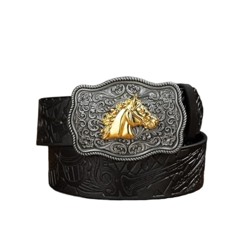 Ceinture boucle tête de cheval dorée aux finitions soignées et reliefs guitare