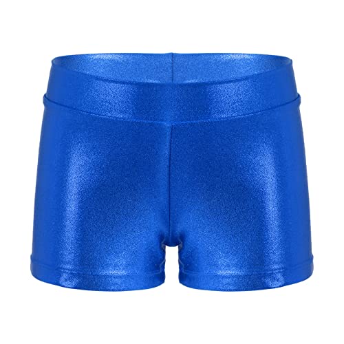 Hansber Kids Girls Gymnastics Shorts Stretchy Spandex Shiny Metallic Tumbling Bottoms Athletic Dance Booty Shorts Blue 7-8