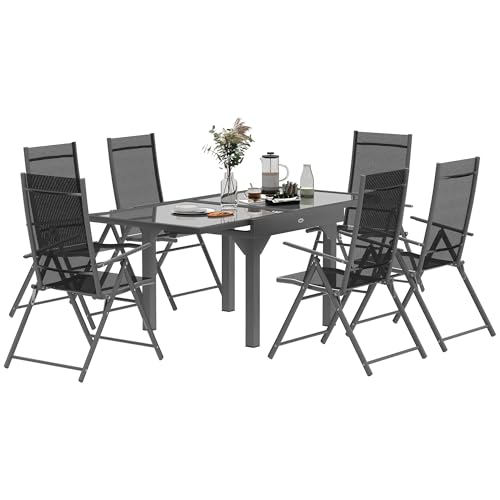 Outsunny Set Tavolo e Sedie da Esterno da 7 Pezzi, Set da Pranzo con Tavolo Allungabile con Piano in Vetro, 6 Sedie da Esterno Pieghevoli con Braccioli, Set di Mobili in Acciaio e Textilene, Grigio